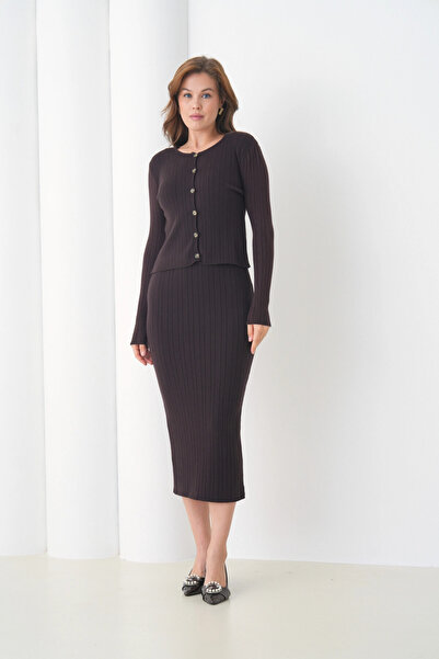 Park Karon Women's Crew Neck Button Closure Ribbed Knit Jacket Dress Two-Piece Knitwear Set