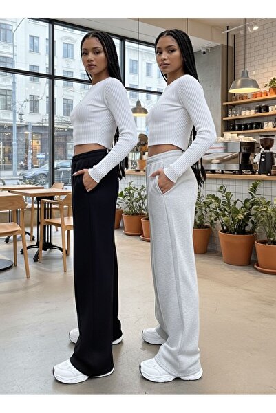 LACKH 2 Pieces Wide Leg Black Gray Women's Sweatpants