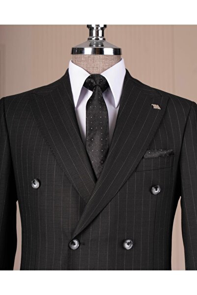 TerziAdemAltun Italian Style 8 Drop K Double-Breasted Striped Jacket Pants Suit Black T14595