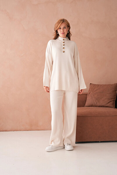 Park Karon Women's Mock Neck Button Detail Slit Casual Sweater Pants Two-Piece Knitwear Set