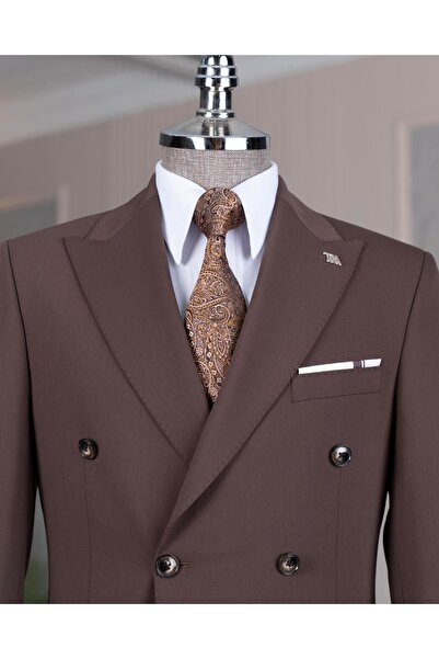 TerziAdemAltun Italian Style S Slim Fit 8 Drop K Double-Breasted Jacket Pants Suit Brown T14589