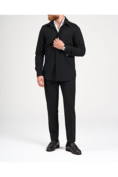 TerziAdemAltun Italian Style Slim Fit Pocket Detailed Shirt Pant Suit Black T11966