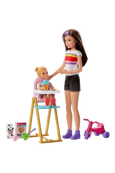 Barbie Set de joaca - Skipper, babysitter cu scaun de masa si bebelus, GHV87