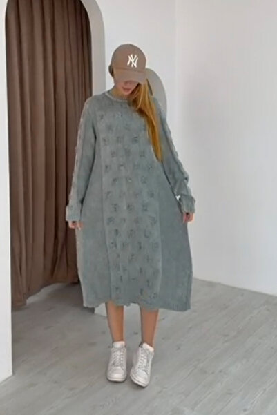 AYASOFYA OTANTIK Women's Gray Round Neck Patterned Pocketed Vintage Loose Cotton Knit Midi Dress