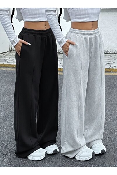 LACKH 2 Pieces Wide Leg Black Gray Women's Sweatpants