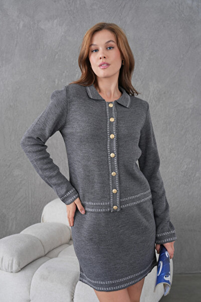 Park Karon Women's Shirt Collar Button Closure Patterned Jacket Skirt Two-Piece Knitwear Set