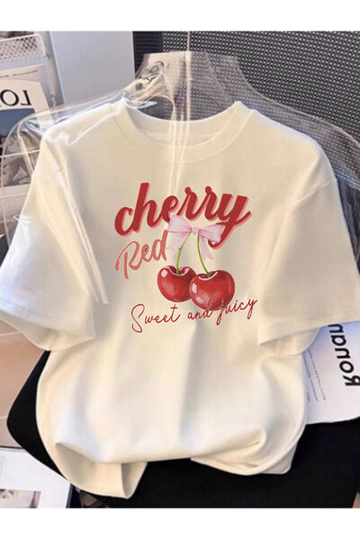 one button تي شيرت عادي برقبة دائرية للجنسين من Cherry Special مطبوع مصنوع من...