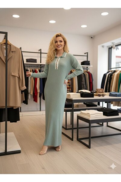 GİYSİ DÜNYASI 57 Triko Fabric Pola Necklace Pat Detail Full-Length Dress