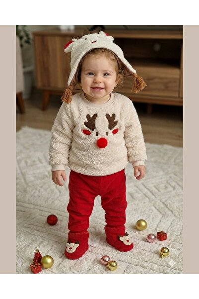 Asliva fashion Asliva Geyikli Baby Set - Plush Sherpa Top, Bottom, Hat, Booties 4-Piece Set - New Year Combination - 6-24 Months