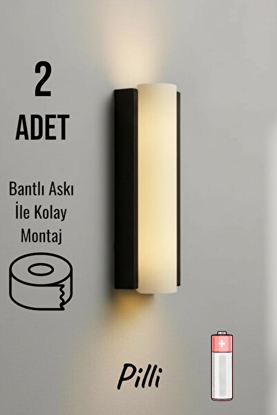 Emriba 2 Adet Pilli Tak Çalıştır Dekoratif Duvar Aydınlatması Aplik Gece Lambası (Siyah )