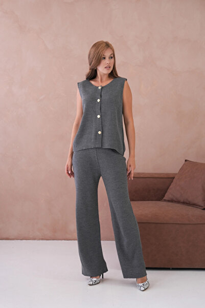 Park Karon Women's Wide Collar Button Detail Ribbed Knit Long Vest Pants Two-Piece Knitwear Set