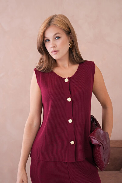 Park Karon Women's Wide Collar Button Detail Ribbed Knit Long Vest Pants Two-Piece Knitwear Set