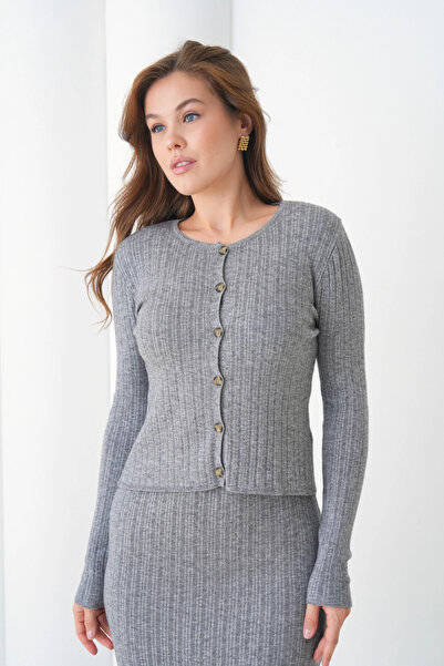 Park Karon Women's Crew Neck Button Closure Ribbed Knit Jacket Dress Two-Piece Knitwear Set