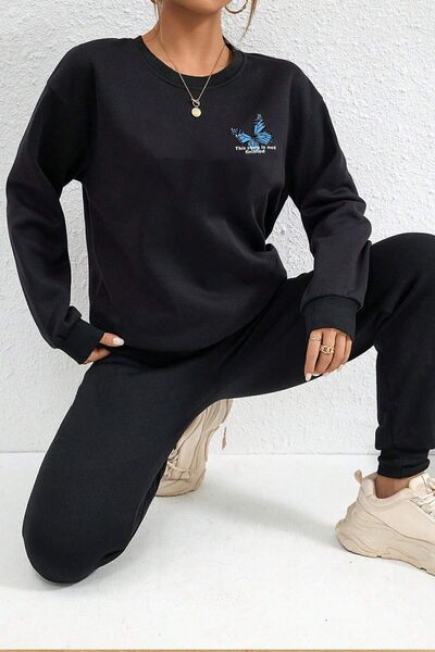 uyguntarz Unisex Blues Butterfly Printed Crew Neck Sweatshirt - 2-Piece Tracksuit Set