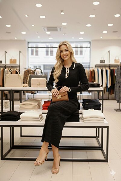 GİYSİ DÜNYASI 57 Triko Fabric Pola Necklace Pat Detail Full-Length Dress