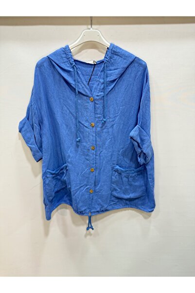 della moor Bluză casual din in, cu jumătate de mânecă, cu cu glugă nasturi, albastră, italiană