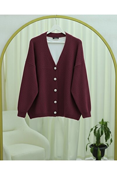 Modamorfo Buttoned Front Bearded Casual Knit Cardigan - Burgundy