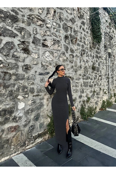 ZENGEZUR MALL Drnds Slit Thick Wrinkle Long Dress Black (212308) (Size: L)