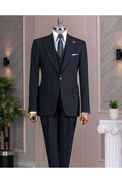 TerziAdemAltun سترة على الطراز الإيطالي s قصة ضيقة بياقة مدببة وسترة وبنطلون بدلة باللون الأزرق الداكن T14785