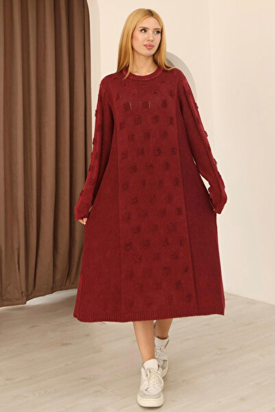 AYASOFYA OTANTIK Women's Burgundy Round Neck Patterned Pocketed Vintage Loose Cotton Knit Midi Dress