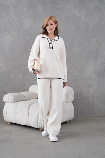 Park Karon Women's Polo Neck Button Detail Oversized Ribbed Knit Sweater Pants Two-Piece Knitwear Set