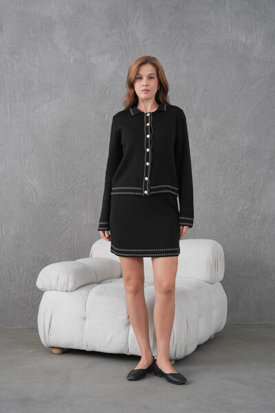 Park Karon Women's Shirt Collar Button Closure Patterned Jacket Skirt Two-Piece Knitwear Set