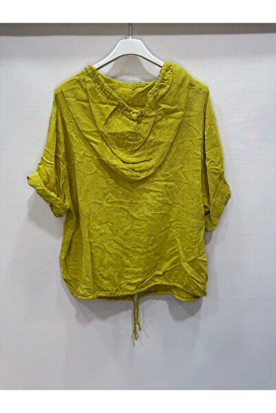 della moor Yellow Italian K Hooded Button Half Sleeve Casual Linen Blouse