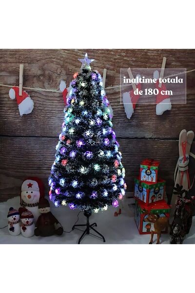 OEM Brad de Crăciun artificial 180 cm, 200 LED-uri RGB fibră optică, suport, transformator, vârf stea
