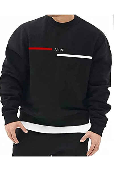 one button Unisex Paris Şerit Baskılı Sıfır Yaka Regular Sweatshirt %100 Pamuk