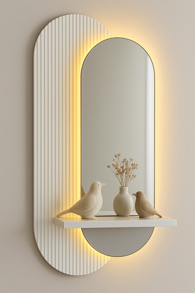 EVODE DESIGN Aynalı Lüks Modern LED Duvar Dekoru – Raflı Tasarım – Uzaktan Kumandalı Ambiyans Işığı (110x46 cm)