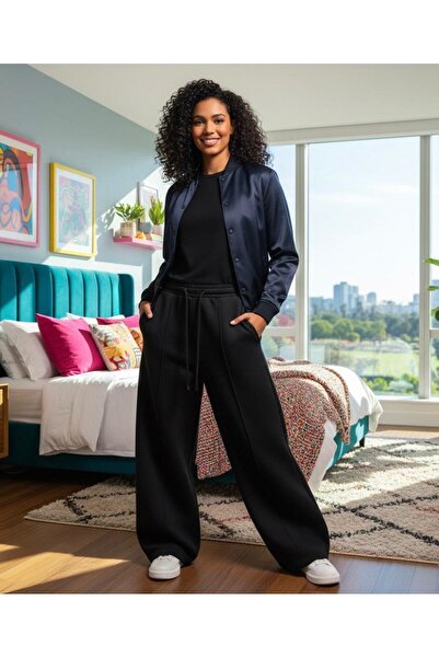 LACKH Pre-Painted Black Women's Wide-Leg Sweatpants Flexible Comfortable Loose Fit