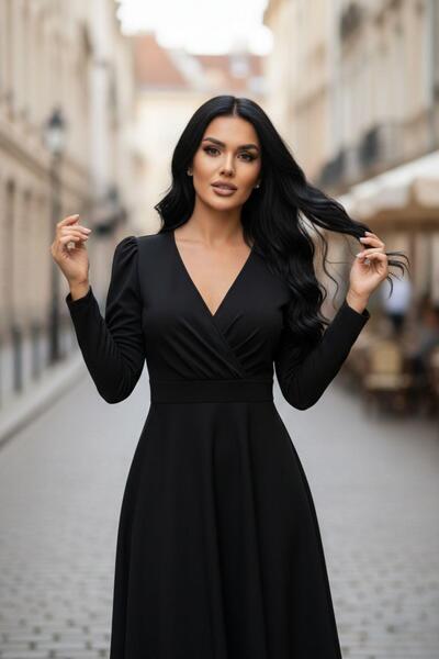 Mossta Black Elegant V-Neck Midi Dress