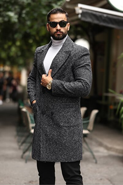 Endap Men's Black and White Patterned Cashmere Coat with Pocket Detail