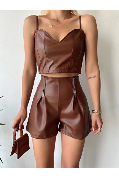 ZENGEZUR MALL Drnds Double Zippered Leather Shorts Coffee H24394 (220533) (Size: m)