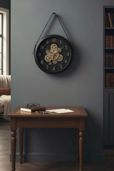 PELLE DESİGN Çarklı duvar saati deri kayış askılı 40 cm