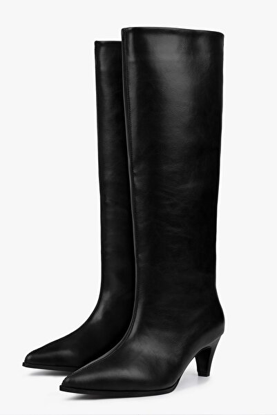 Shoeberry Women's Lula Black Leather Short Pointed Heeled Boots