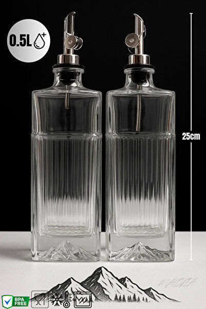 Maloria Gümüş Tıpalı Dağ Figürlü Kalın Kare Cam Yağlık, Sirkelik, Sosluk Seti | 2'li - 500ml + 500ml