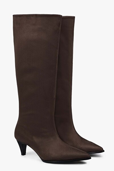 Shoeberry Women's Lula Bitter Brown Suede Short Pointed Heeled Boots