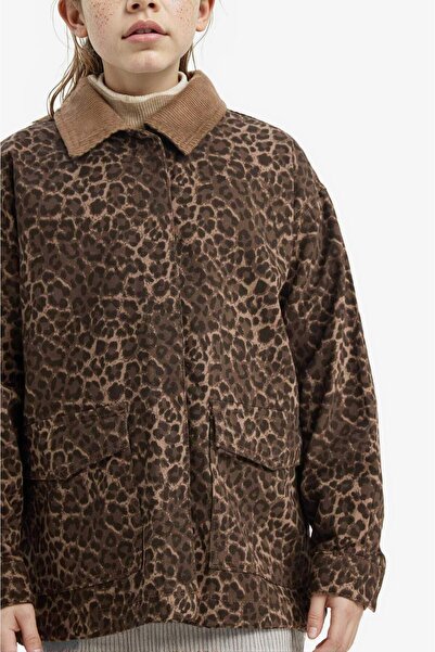 DeFacto Cămașă cu mânecă lungă din gabardină pentru fete Flare Fit imprimeu leopard G5389A825AU