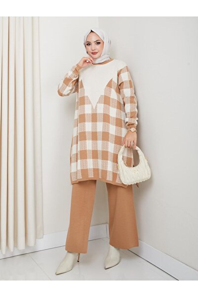 PALME D'OR Women's Checkerboard Patterned Knitwear Trouser Set