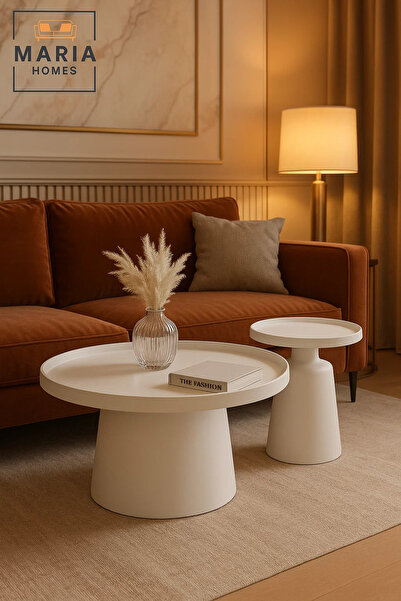 MARIA HOMES Modern White Tea Table Set 1+1 – Round Coffee Table and Side Table 70×70×40 / 50×50×50