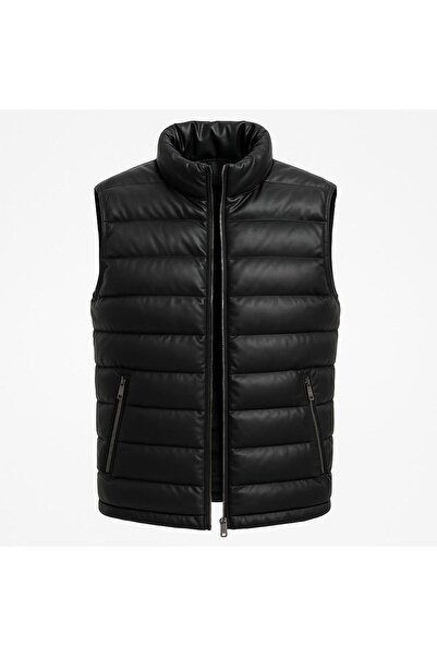 CLASSİCS MEN Men's Slim Fit Zippered Black Faux Leather Vest - 7448