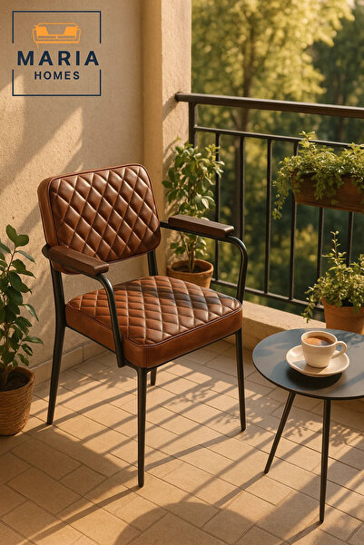 MARIA HOMES Modern Brown Leather Dining Chair – Quilted Accent Chair with Armrests and Black Metal Frame