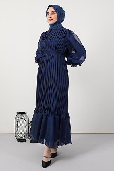 GİYZAMİLA Pleated Janjan Evening Dress Navy Blue