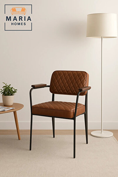 MARIA HOMES Modern Brown Leather Dining Chair – Quilted Accent Chair with Armrests and Black Metal Frame