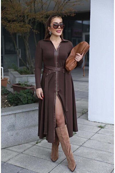 QİMYA BUTİK Buketli̇ Women's Leather Buckle Belt Detailed Double-Way Full Zipper Leather Polo Collar Long Sleeve Long Dress