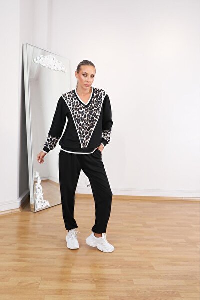 QİMYA BUTİK Buketli̇ Women's V-Neck Top with Long Sleeves and Leopard Print Pants - Top and Bottom Set