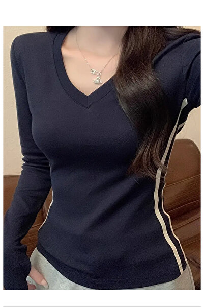 Köstebek White Striped V-Neck Navy Blue Basic Blouse