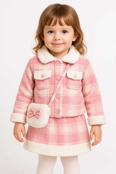 KATIA ✨ Ekose Peluş Kız Takım | 2-5 Yaş | Aşırı Şık – Kışlık Yumuşak Doku – Çanta Hediyeli Kombin