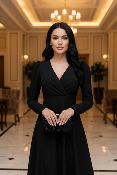 Mossta Elegant Waist-Sitting Midi Black Dress